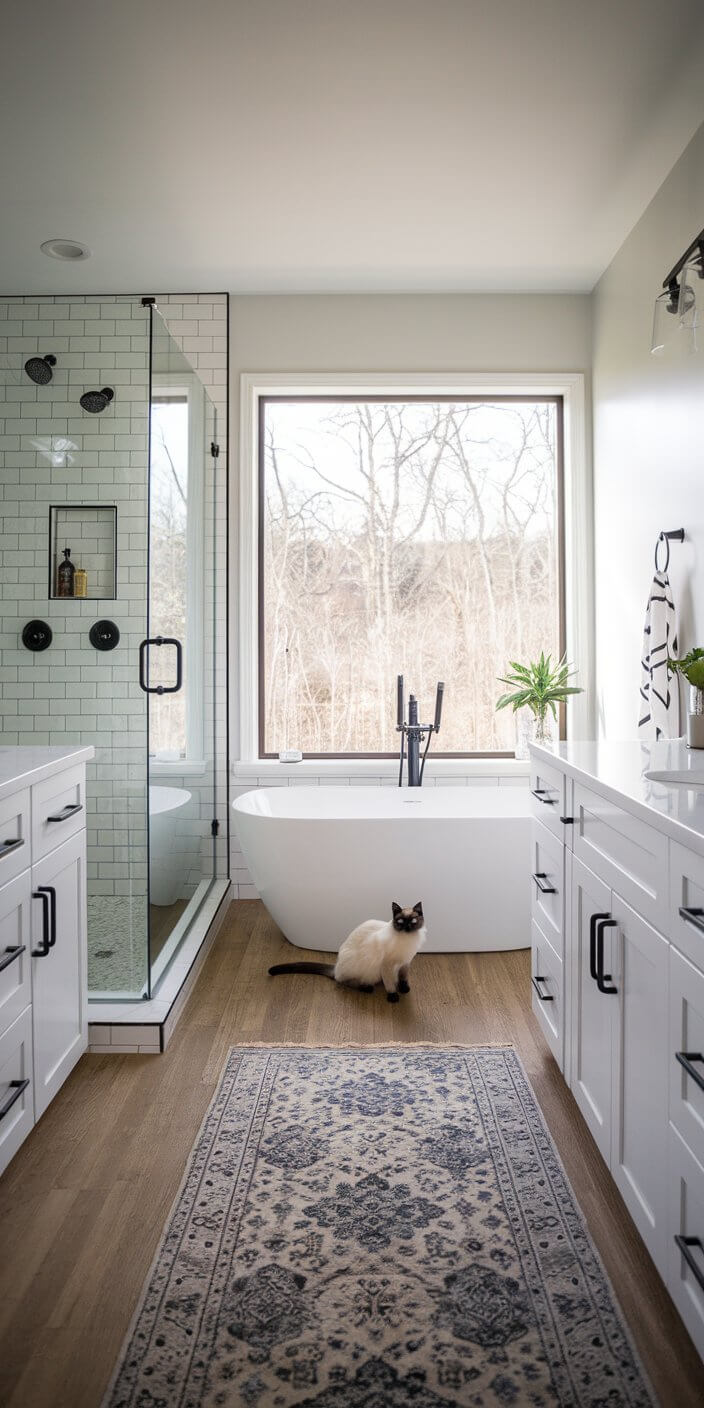 Modern bathroom with freestanding tub, large window, glass shower, and a patterned rug. A cat sits on the wooden floor.