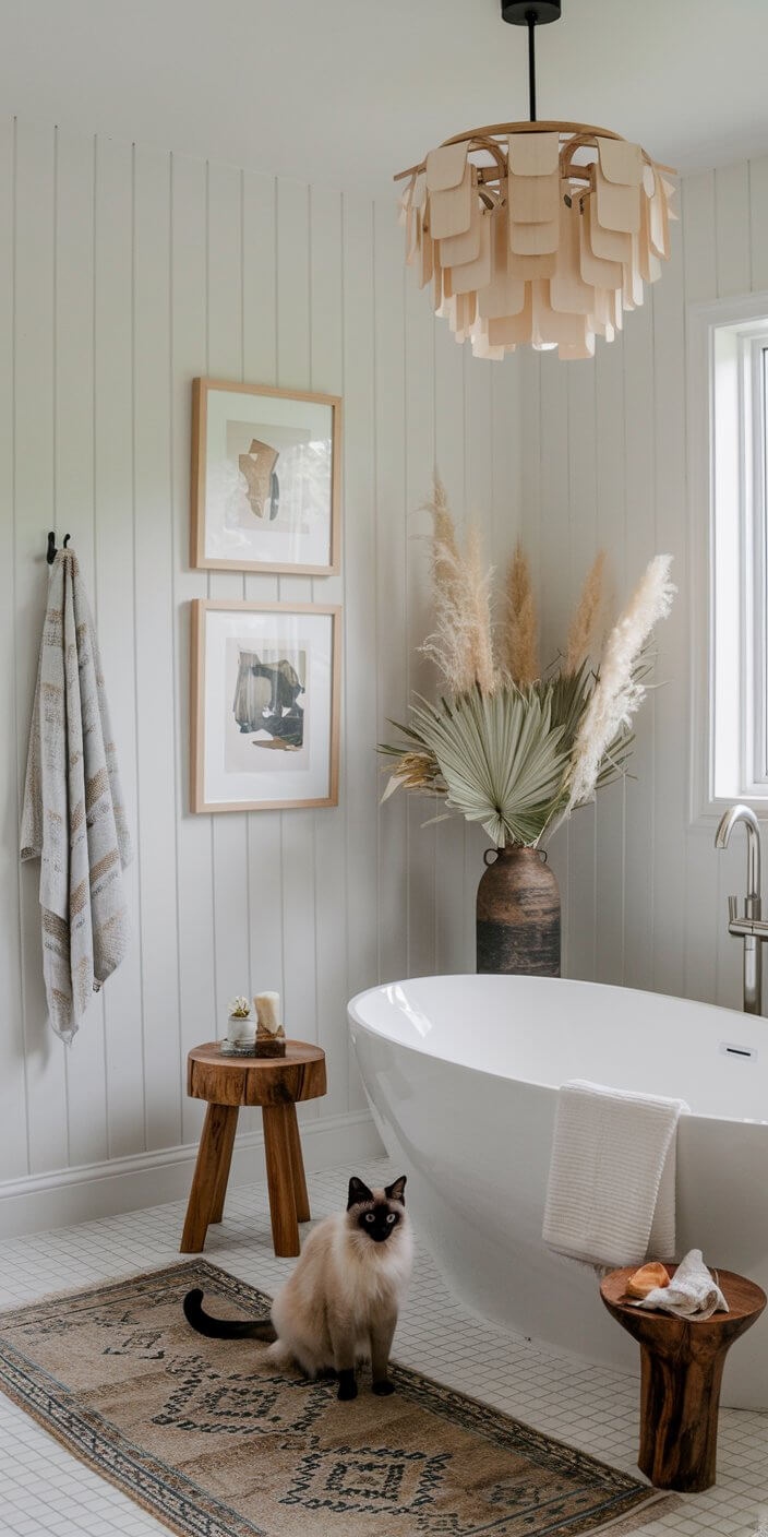 A cozy bathroom features a white tub, wooden stools, pampas grass, abstract art, and a cat sitting on a patterned rug.