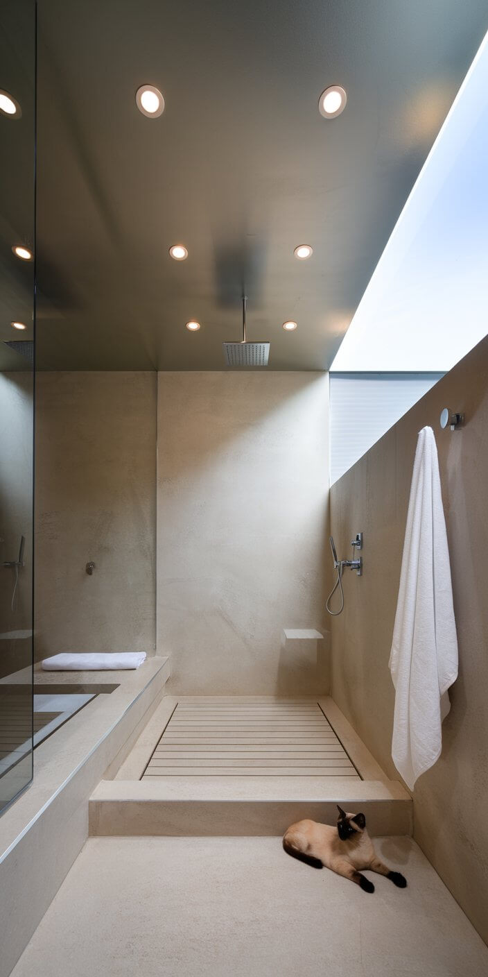 Modern bathroom with ceiling rain shower, beige walls, and a towel hanging. A Siamese cat relaxes on the floor near the shower.