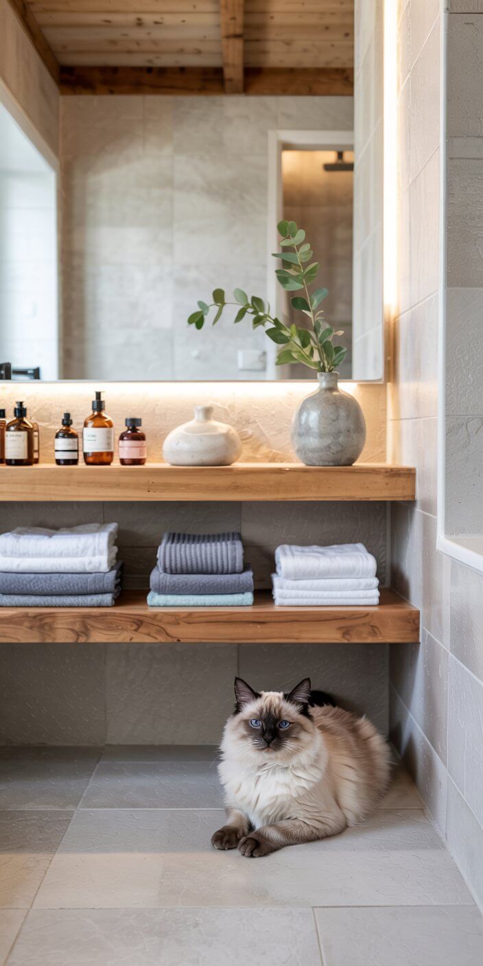 A fluffy cat lounges on a bathroom floor, beneath wooden shelves with folded towels, plant-filled vases, and neatly arranged toiletry bottles.