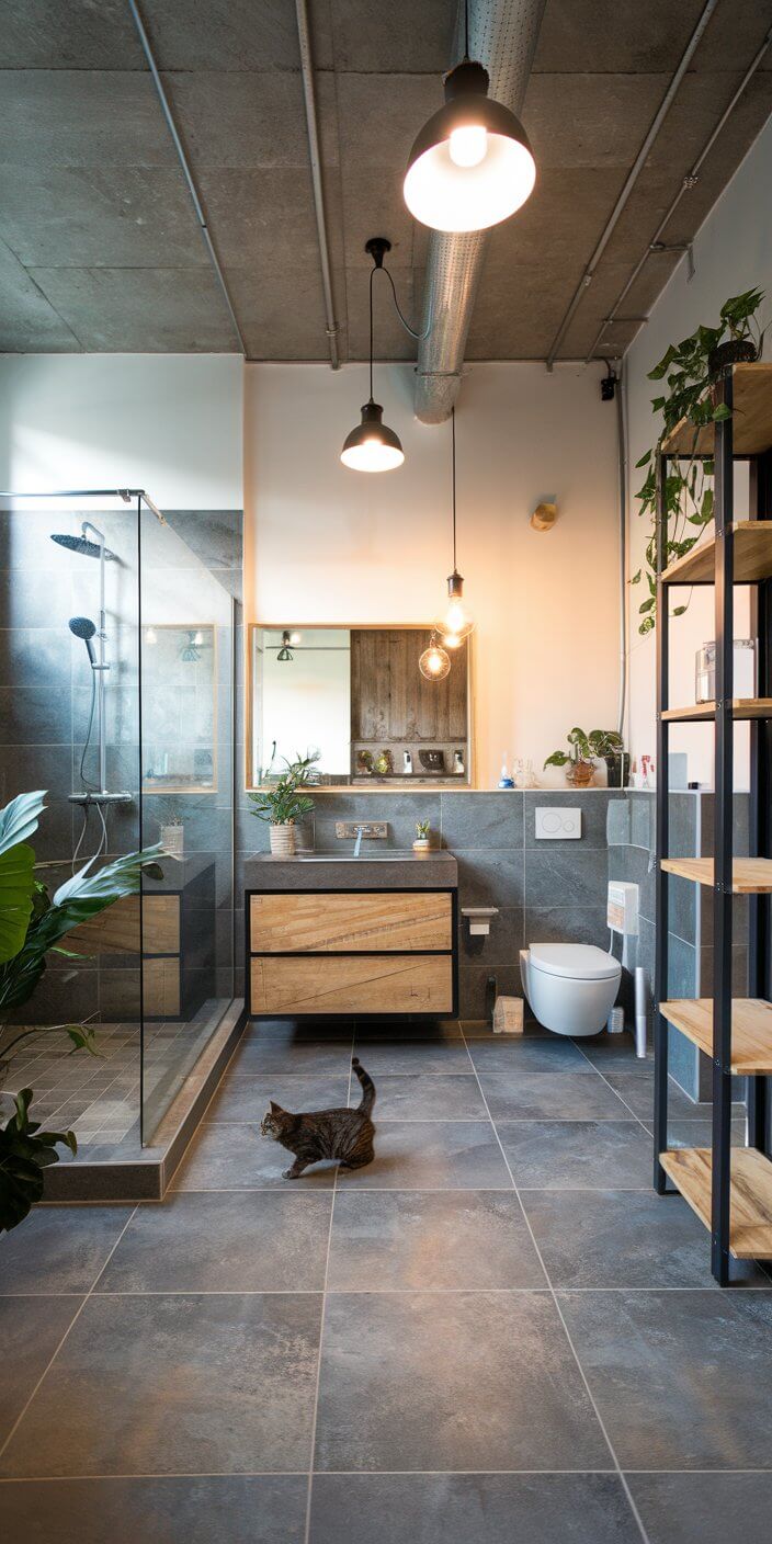 Modern bathroom with industrial design, featuring a glass shower, wooden cabinet, hanging lights, plants, and a cat on the tiled floor.