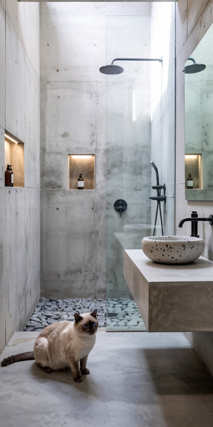 Modern bathroom with minimalist design, concrete walls, glass shower, stone basin, and pebbled shower floor. A cat sits on the floor, observing.