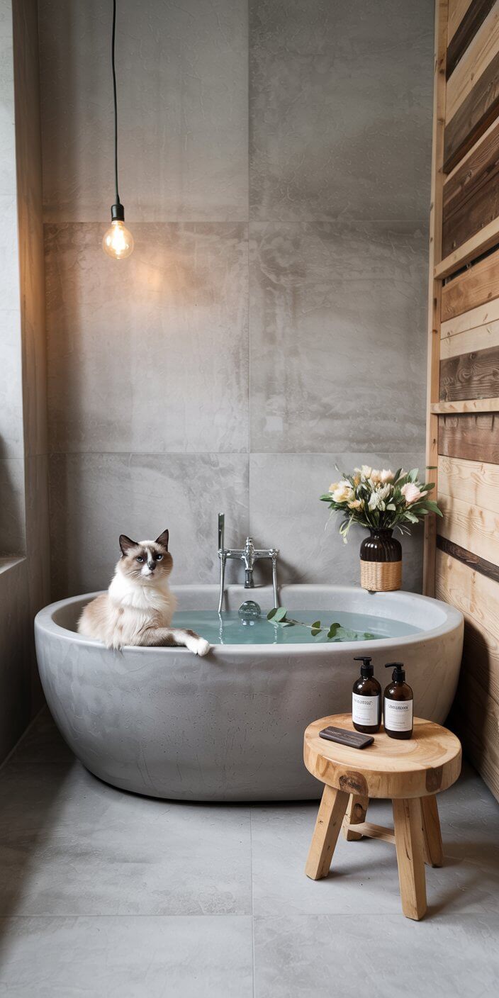 A cat relaxes in a modern bathroom with a stone tub, wooden accents, floating light bulb, flowers, and toiletries on a stool.