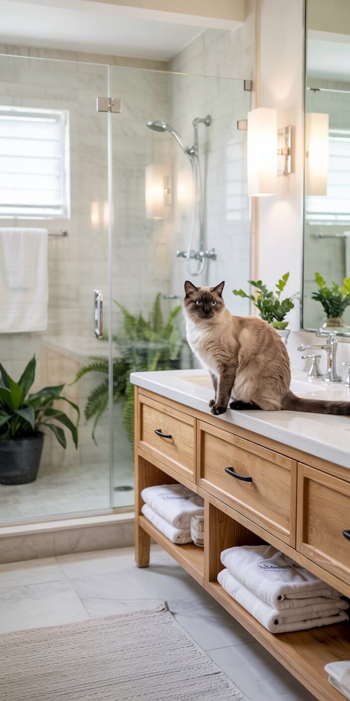 A cat sits on a wooden bathroom counter. Glass shower, plants, and neatly folded towels create a serene, modern atmosphere.