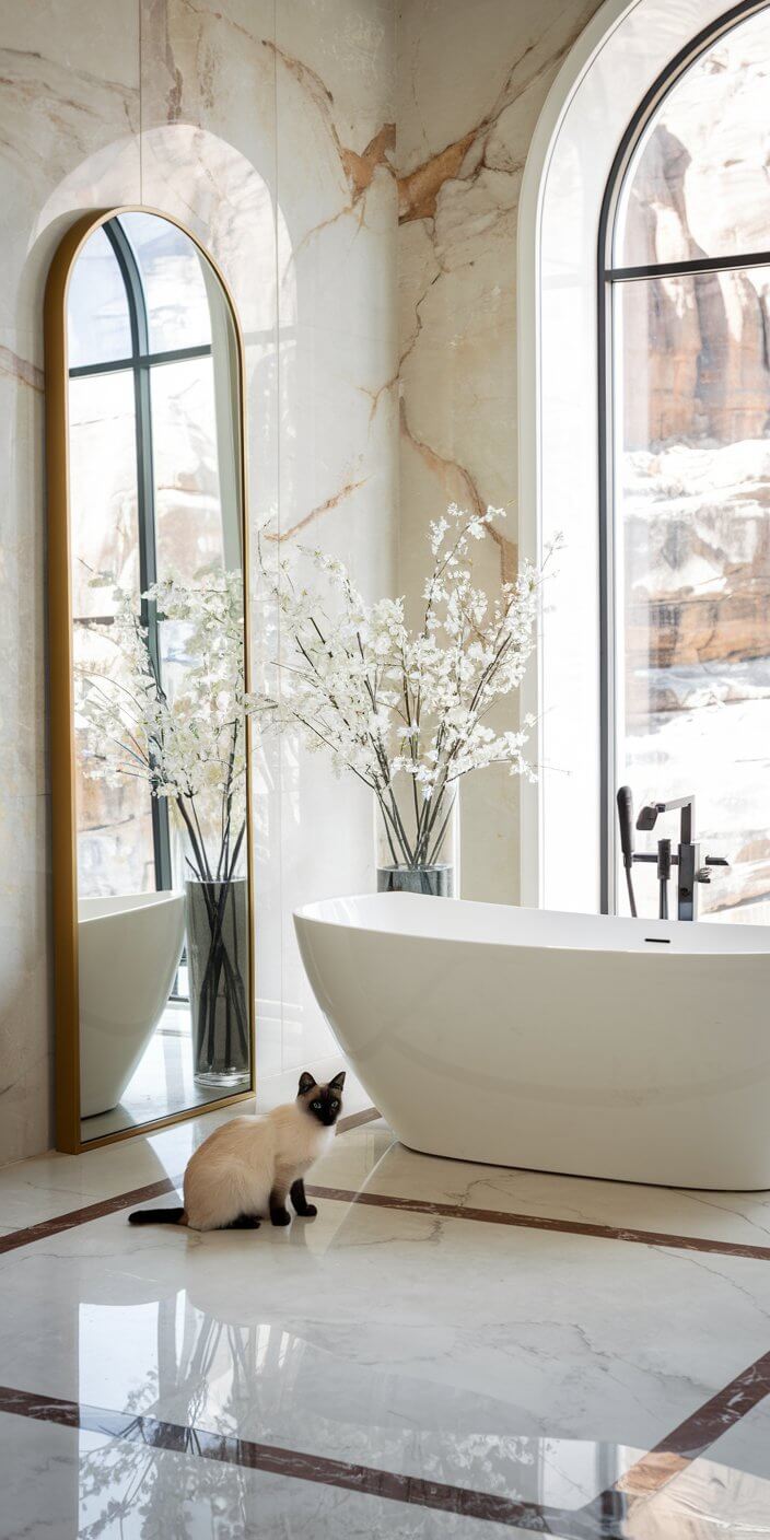 Luxurious bathroom with a freestanding bathtub, large mirror, and white flowers. A cat sits on the marble floor beside the tub.