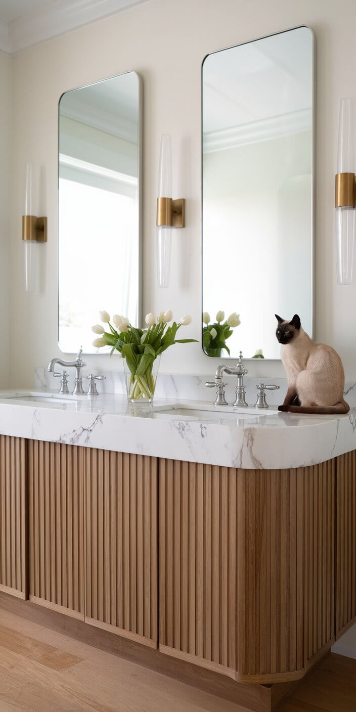 Modern bathroom with two mirrors, marble countertop, wooden cabinetry, and a cat. A vase of white tulips decorates the space.