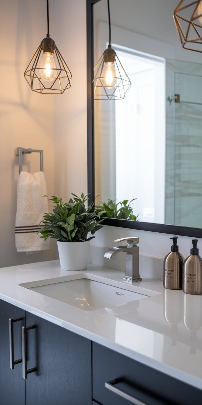 A modern bathroom sink with geometric pendant lights, mirror, potted plant, hand towel, and soap dispensers on a sleek countertop.