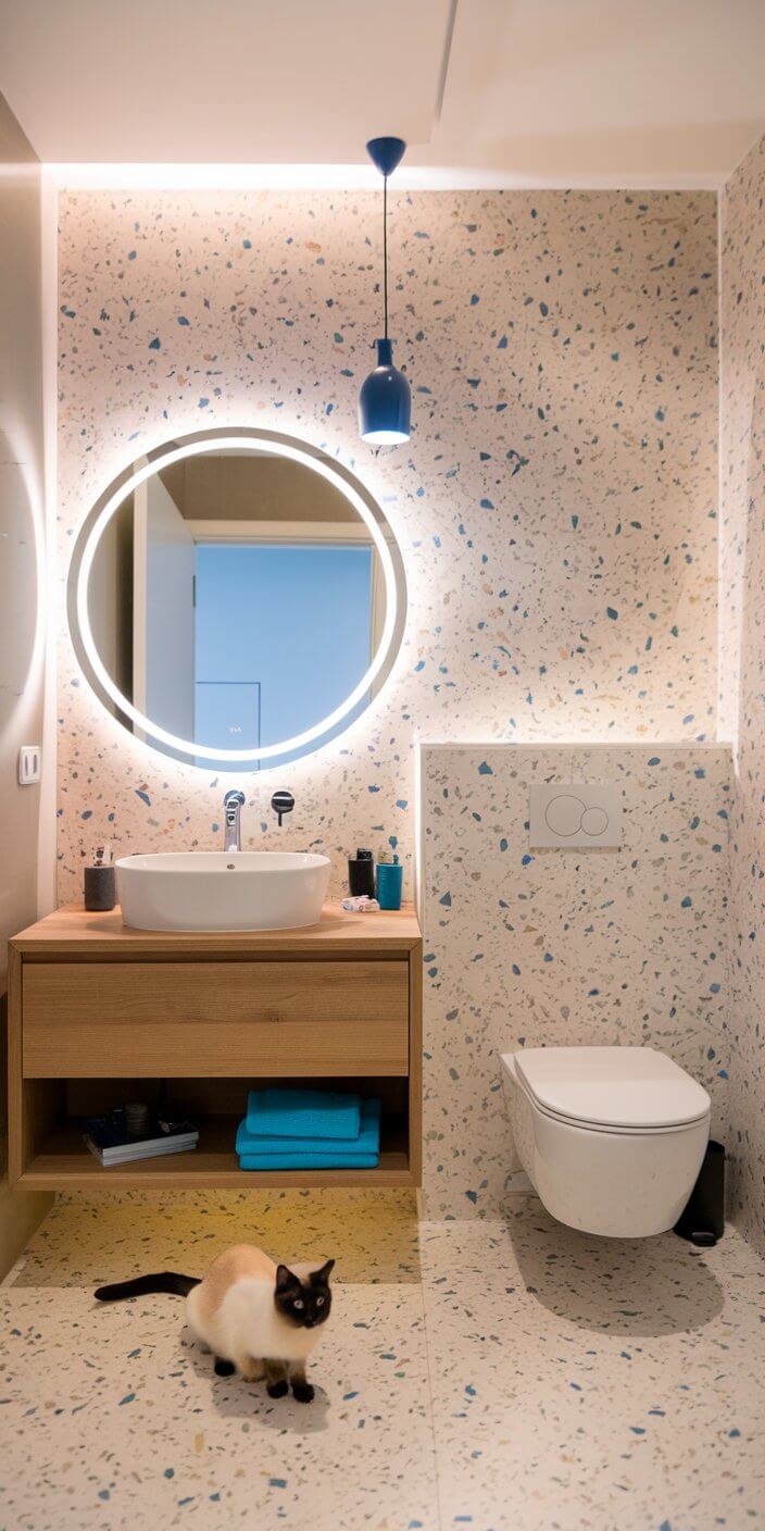 Modern bathroom with terrazzo walls, circular mirror, blue pendant light, and a Siamese cat on the floor near a wooden cabinet and toilet.