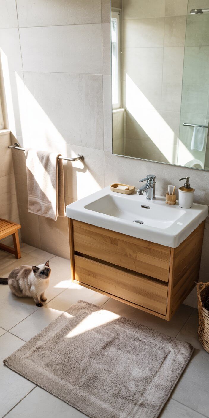 Cozy, sunlit bathroom with wooden sink cabinet, beige tiles, and bath mat. A cat sits on the floor, enhancing the warm atmosphere.