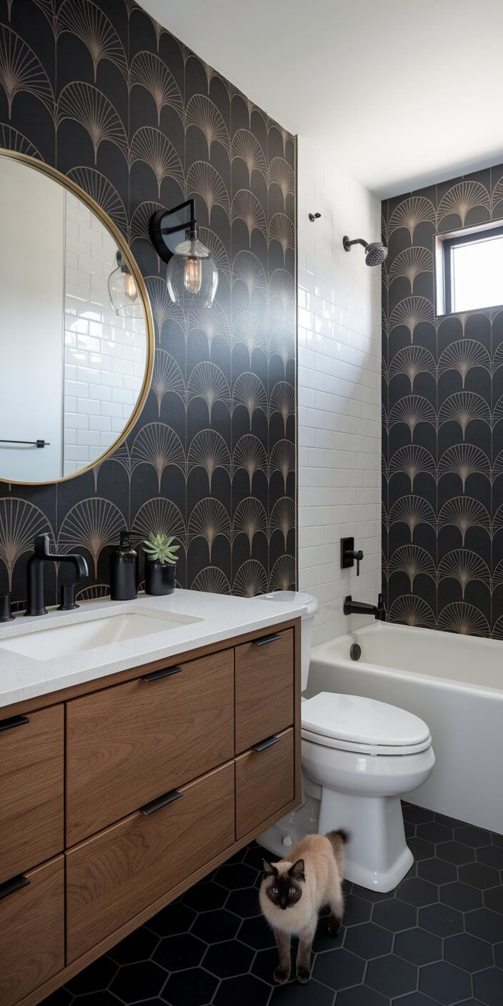 Stylish bathroom with art deco wallpaper, round mirror, wood vanity, modern fixtures, and a cat on hexagonal tile floor. Bright and elegant design.