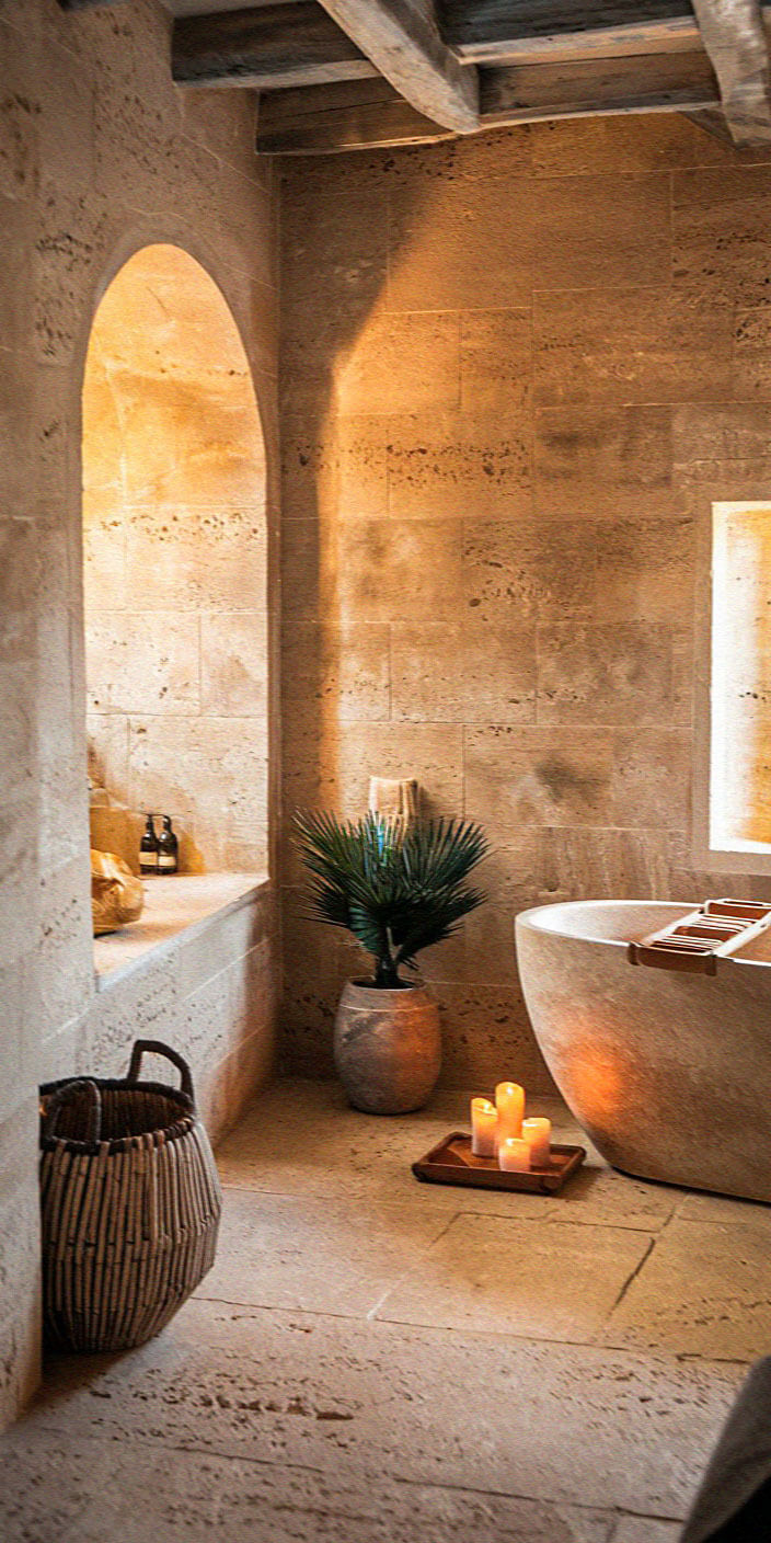 A cozy bathroom features stone walls, a freestanding tub, candles, a plant in a pot, and a wicker basket, creating a rustic ambiance.