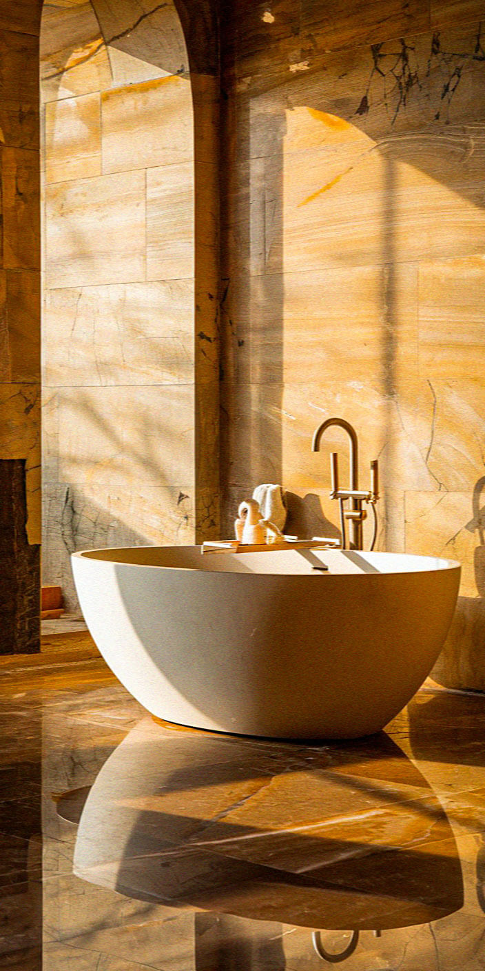 Luxurious bathroom with a freestanding stone bathtub, elegantly reflecting sunlight. Marble walls and floor create an opulent, serene atmosphere.