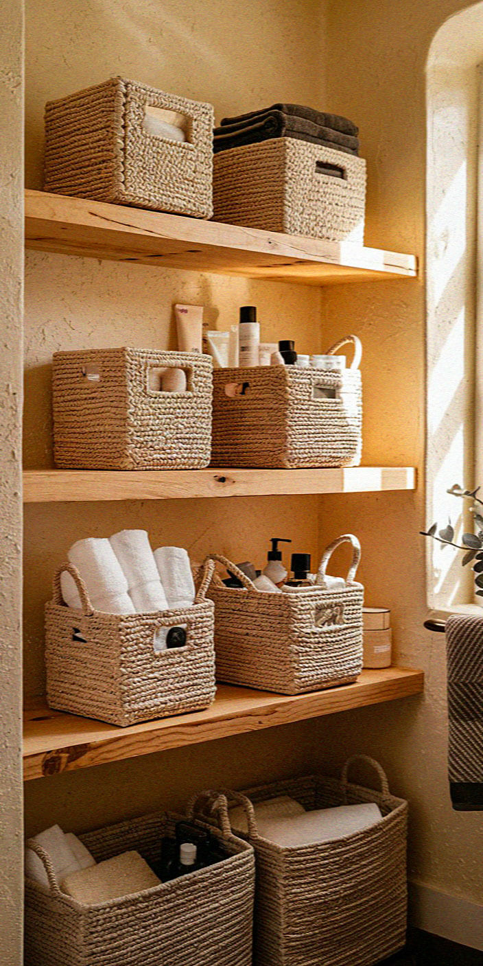 Neatly organized bathroom shelves display woven baskets with towels and toiletries. Sunlight softly illuminates the cozy, minimalist space.