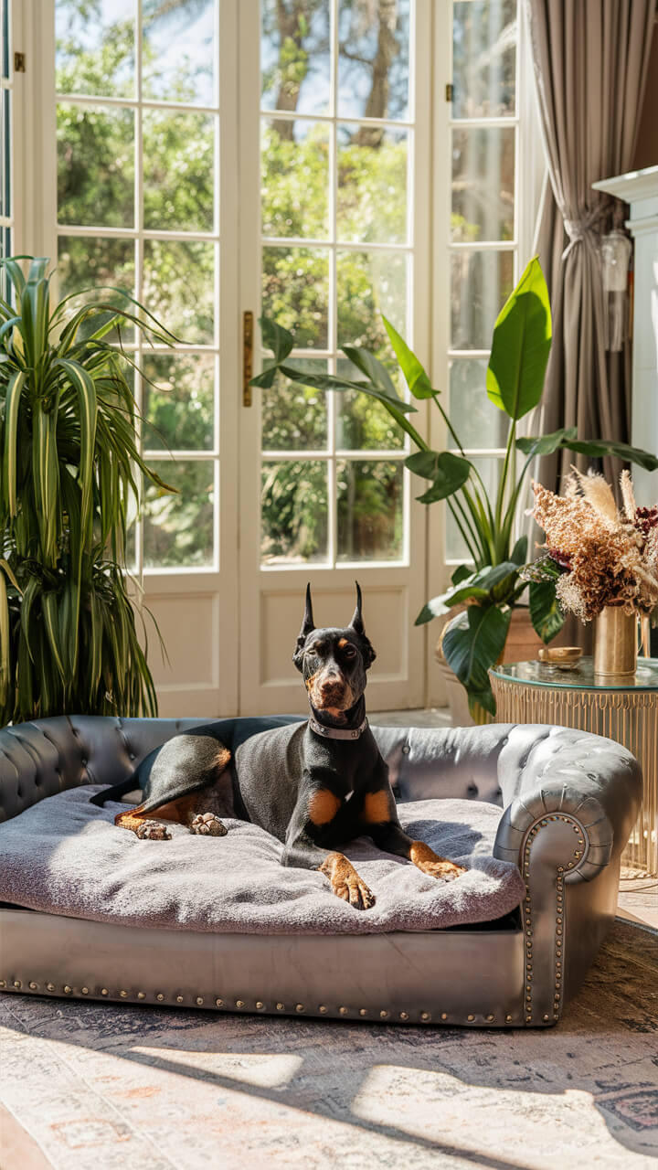 A Doberman relaxes on a plush sofa in a sunlit room with large windows and lush indoor plants, creating a serene atmosphere.