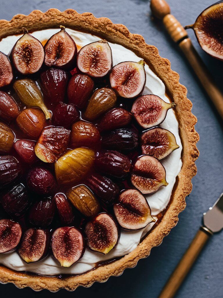 A delicious tart topped with fresh figs and grapes on a creamy filling, accompanied by a knife and honey dipper, on a table.