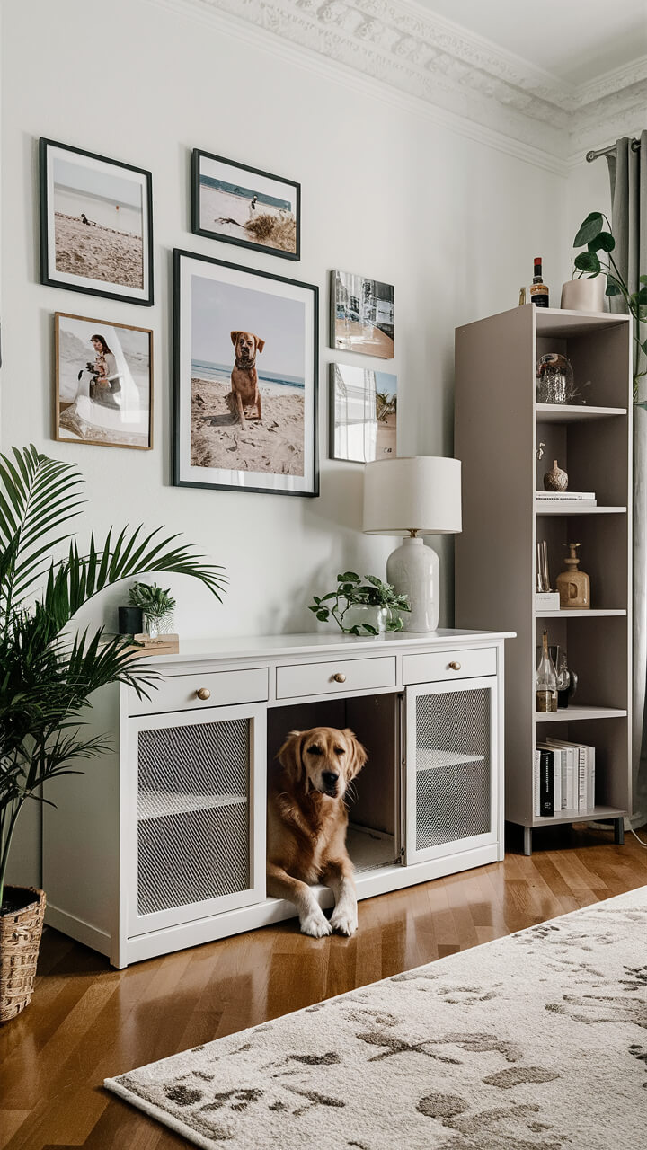 A cozy room with framed beach photos, a dog resting by a cabinet, and indoor plants creating a warm, homely atmosphere.
