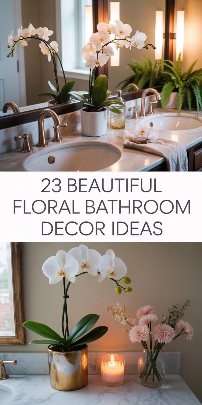 Collage of two stylish bathrooms featuring white orchid arrangements, candles, and marble vanities.