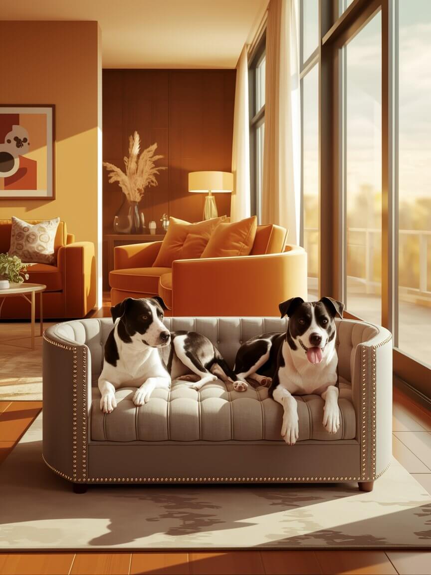 Two dogs relax on a stylish sofa in a sunlit, modern living room with orange accents and floor-to-ceiling windows.