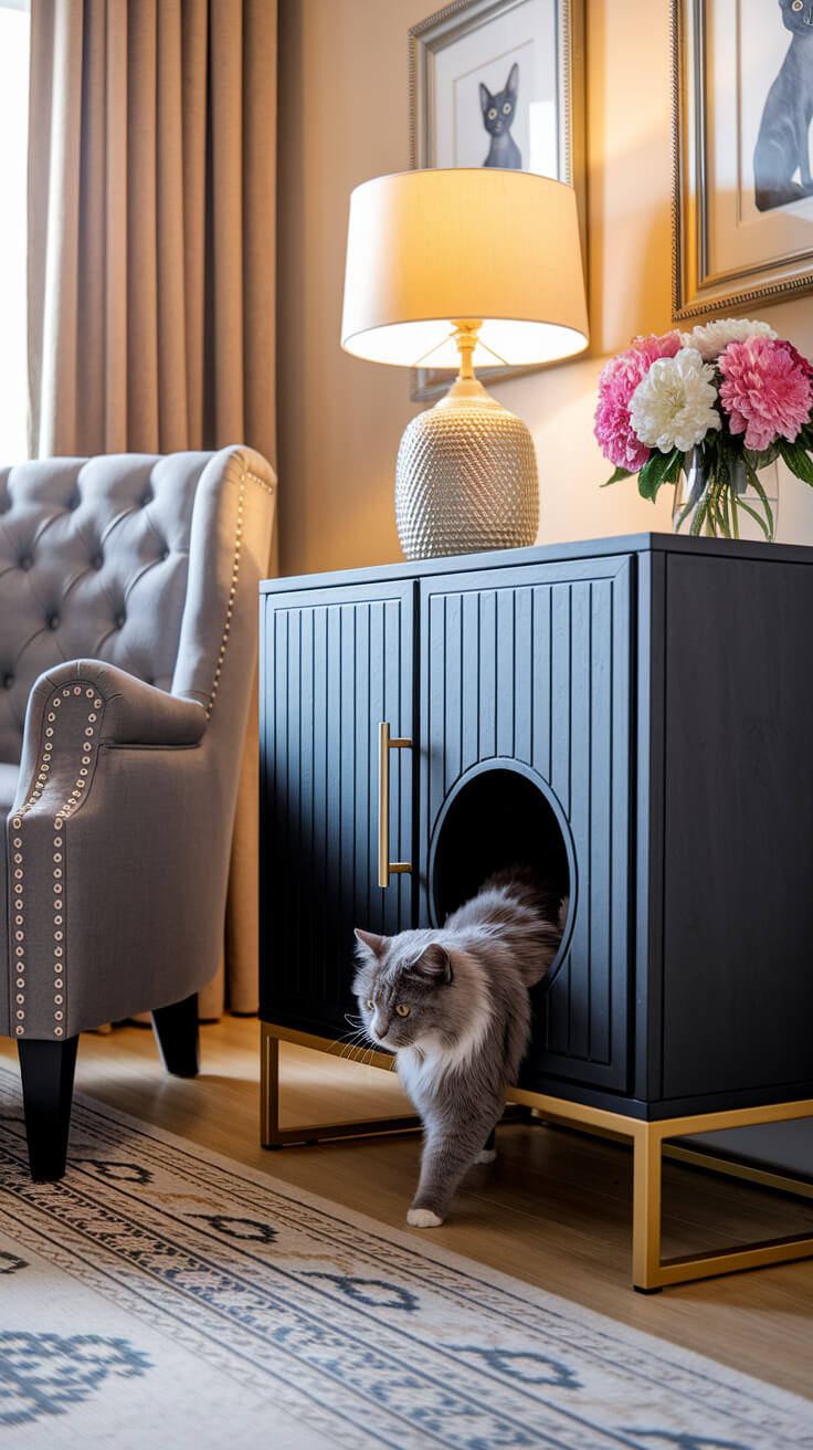 Cozy room with cat emerging from cabinet, elegant chair, lamp, floral arrangement, and cat-themed art on the walls. Warm, inviting ambiance.