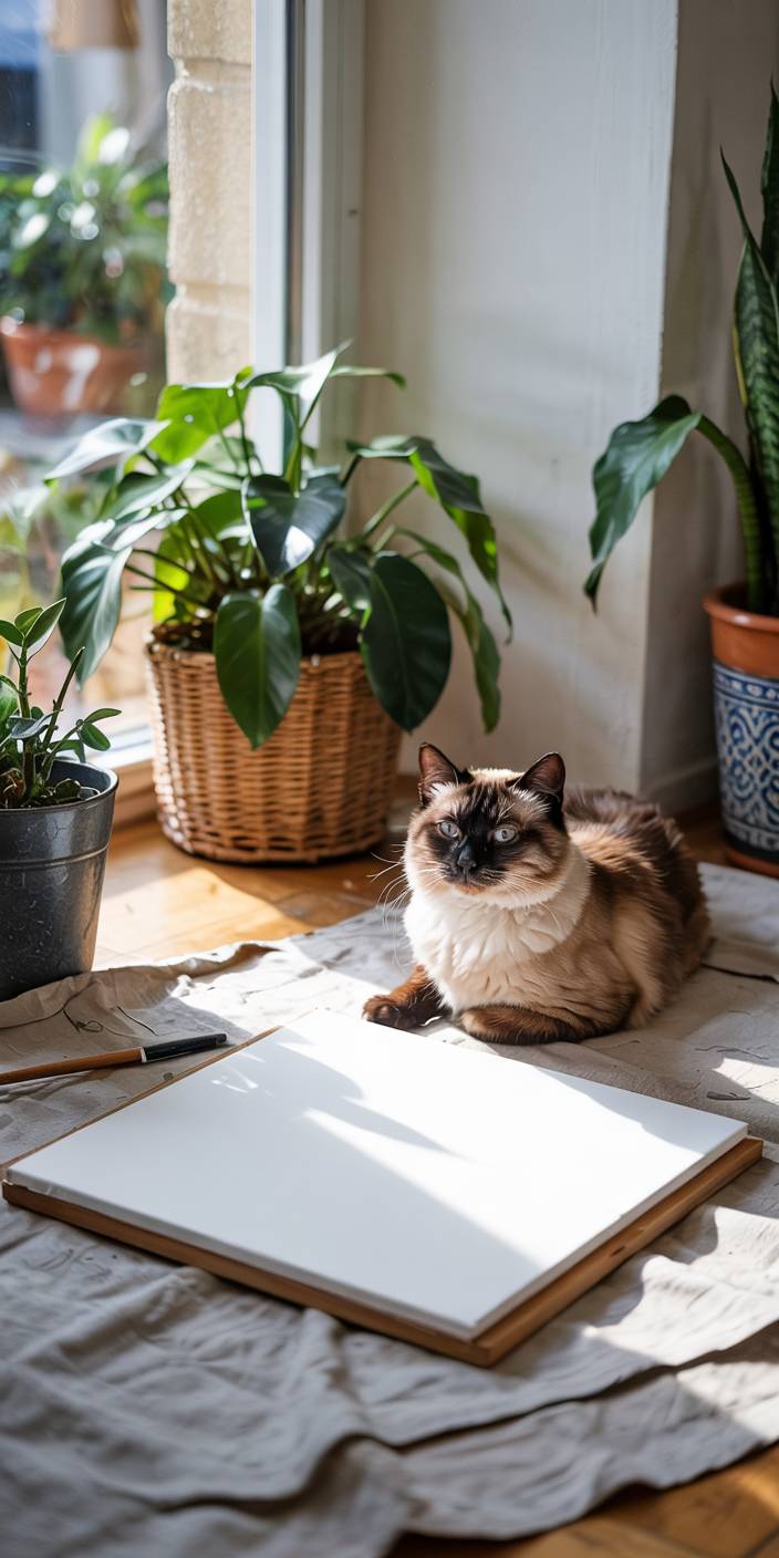 A fluffy cat sits by a window with sunlight, surrounded by potted plants and art supplies, resting on a cloth-covered floor.