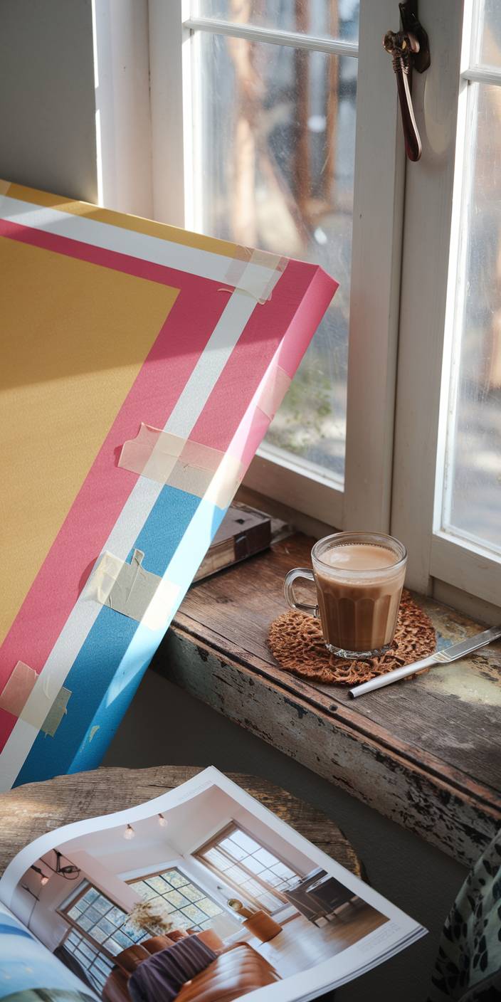 A cozy window nook with a colorful canvas, coffee, and an interior design magazine, bathed in natural light through the window.