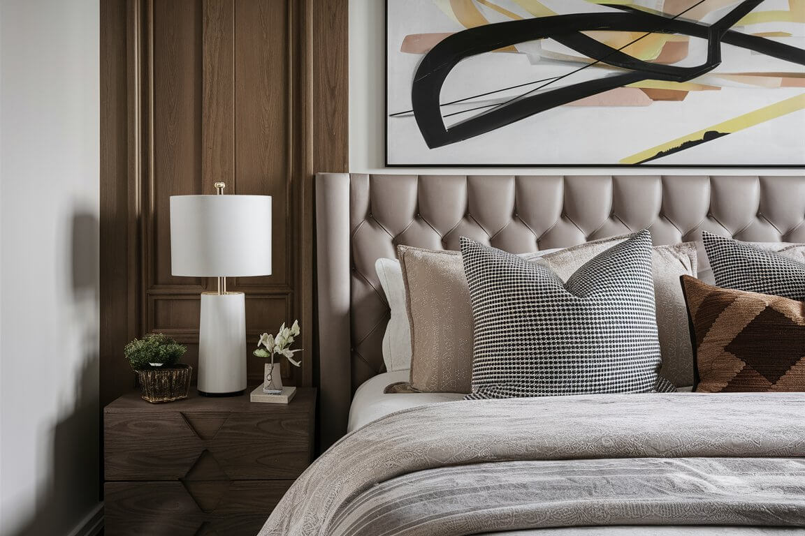 A stylish bedroom with a tufted headboard, abstract art, and a bedside table featuring a lamp and decorative elements.