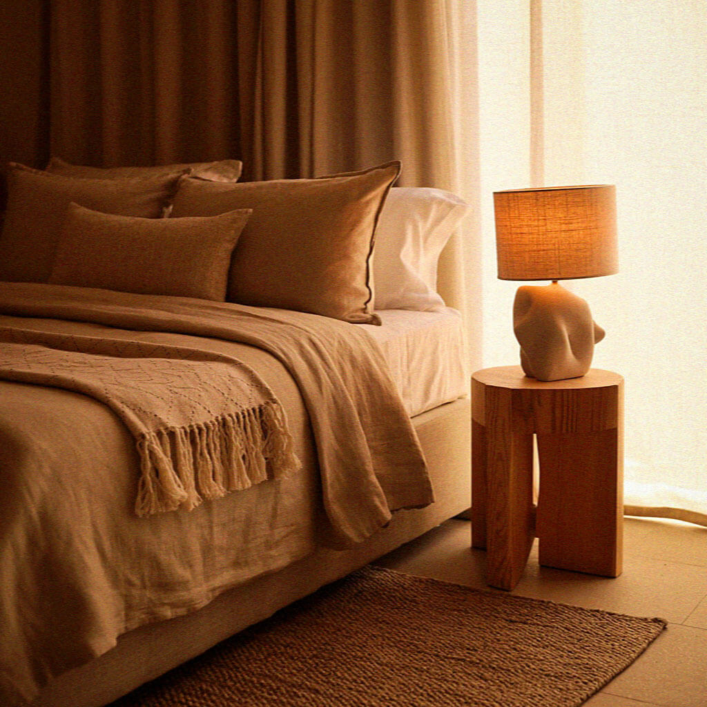 A cozy bedroom with beige tones, featuring a neatly made bed, textured throw, and a lamp on a wooden side table.