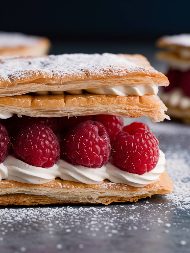 Flaky pastry filled with cream and fresh raspberries, dusted with powdered sugar on top, presented on a dark background.