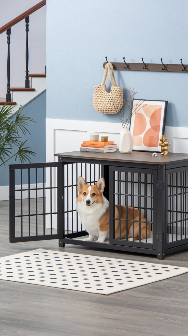 A corgi sits inside a stylish black dog crate in a modern room with art, books, and decor on top.