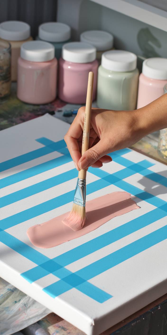 A person paints pink over blue-taped canvas, surrounded by colorful paint jars in an art studio setting.