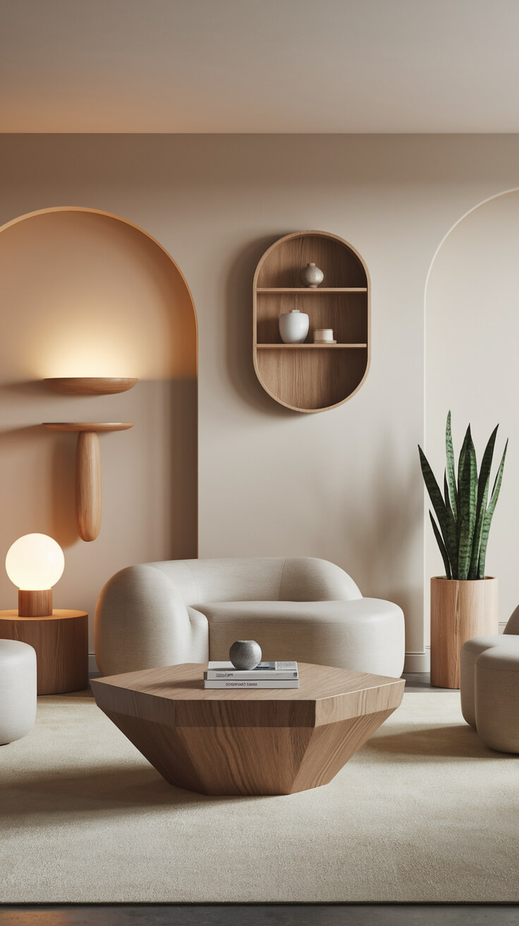 A modern living room with neutral tones, featuring curved furniture, wooden shelves, geometric table, minimalist decor, and a tall green plant.