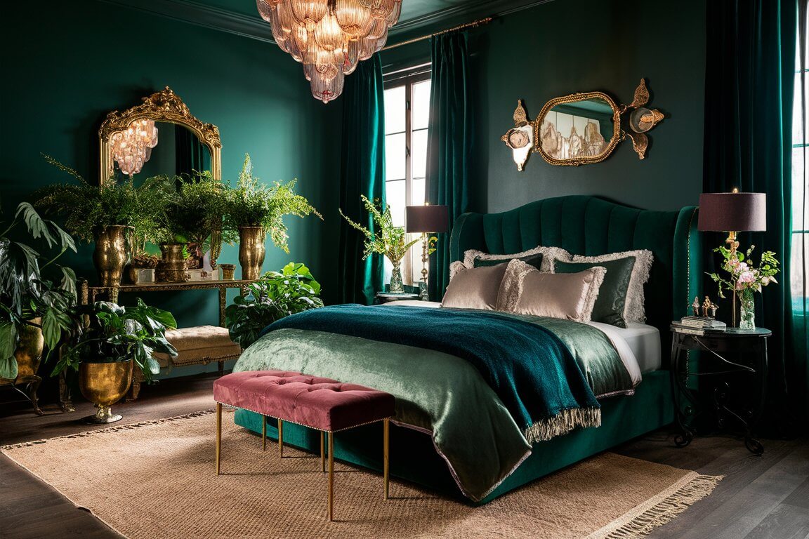 Elegant bedroom with emerald decor, plush bed, vintage mirrors, and chandeliers. Lush plants add a touch of nature. Cozy, luxurious ambiance.