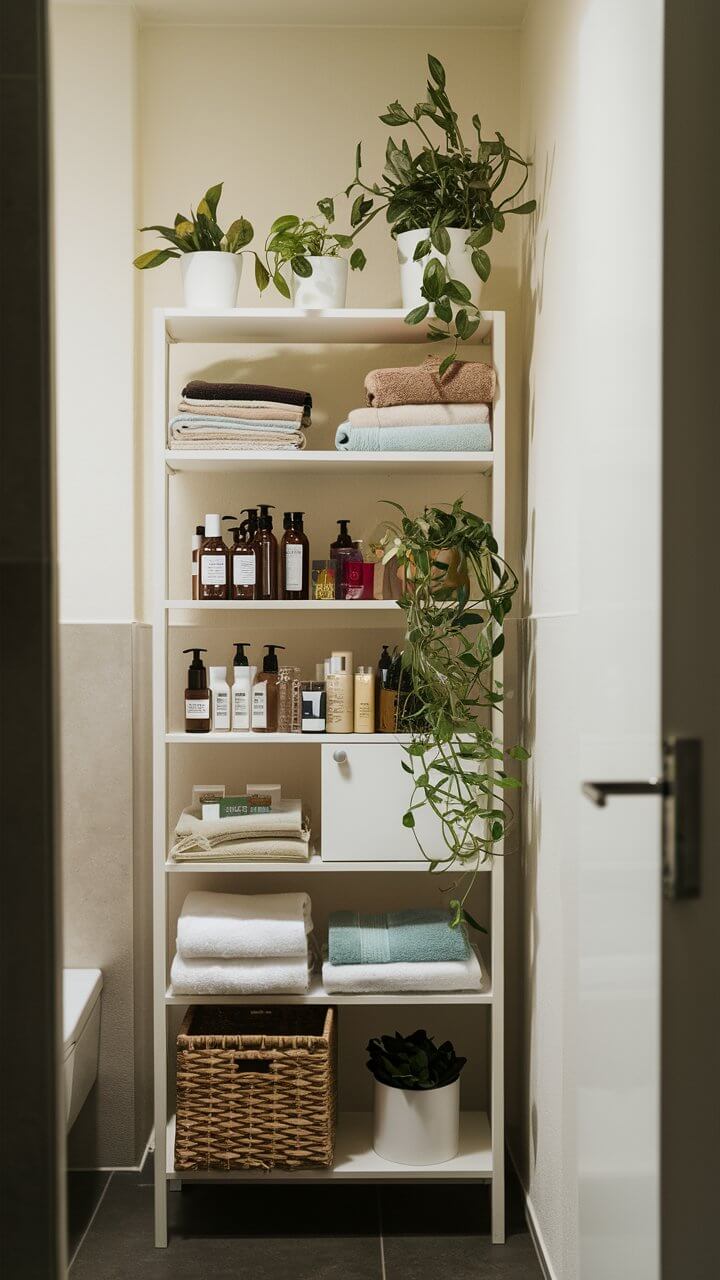 A well-organized bathroom shelf with towels, toiletries, and potted plants, creating a tidy and inviting space. Neutral tones enhance the calm ambiance.