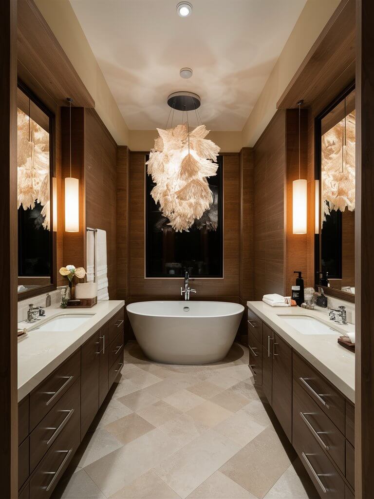 Luxurious bathroom featuring a central freestanding tub, elegant pendant light, dual sinks with mirrors, and wooden cabinetry, creating a warm, inviting atmosphere.