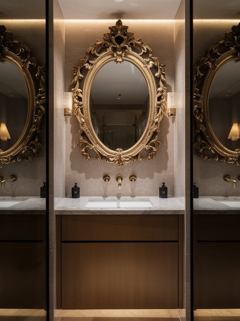 Elegant bathroom with ornate gold-framed mirror above marble-topped vanity. Soft lighting enhances the luxurious atmosphere, reflecting symmetrical design along mirrored walls.