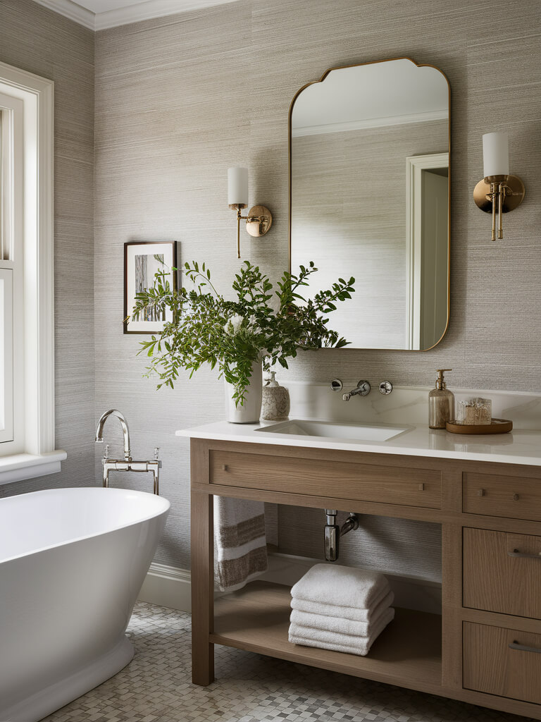 Elegant bathroom with freestanding tub, wooden vanity, large mirror, wall sconces, and a vase with greenery. Neutral tones create a serene atmosphere.