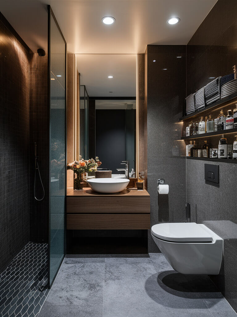Modern bathroom with a glass shower, vessel sink on a wooden vanity, wall-mounted toilet, and neatly arranged shelves holding toiletries.