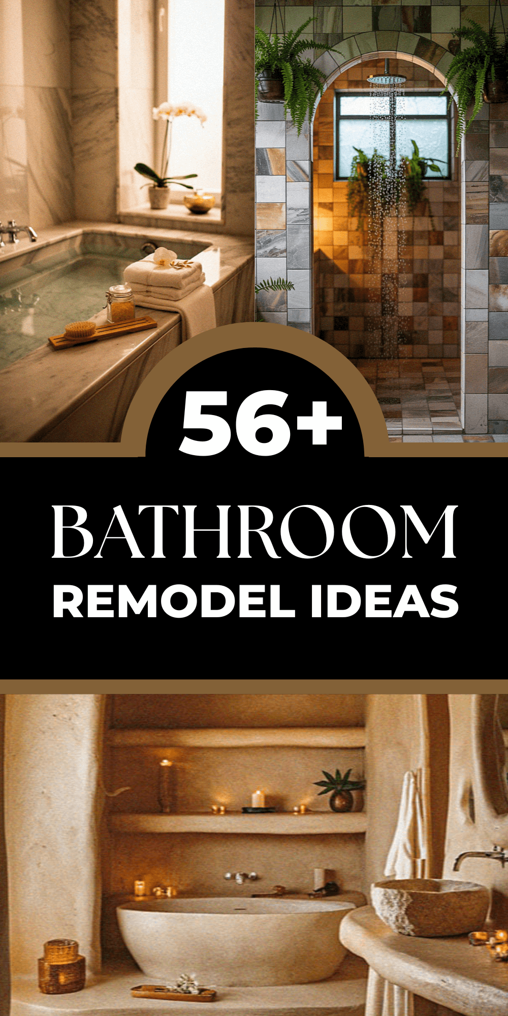 The image showcases elegant bathroom remodel ideas, featuring a luxurious bathtub, natural lighting, stone shower, and ambient candles for a spa-like atmosphere.
