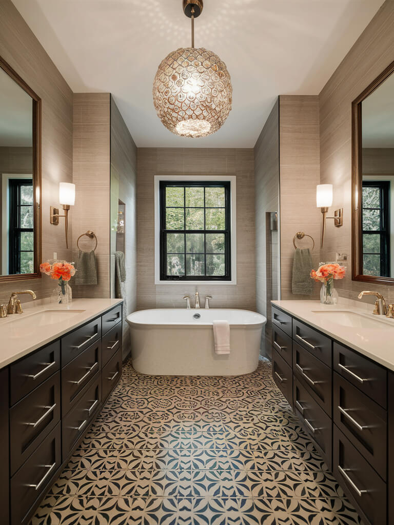 Elegant bathroom with patterned tile floor, freestanding bathtub, dual sinks, and decorative lighting. Large windows bring natural light to the space.