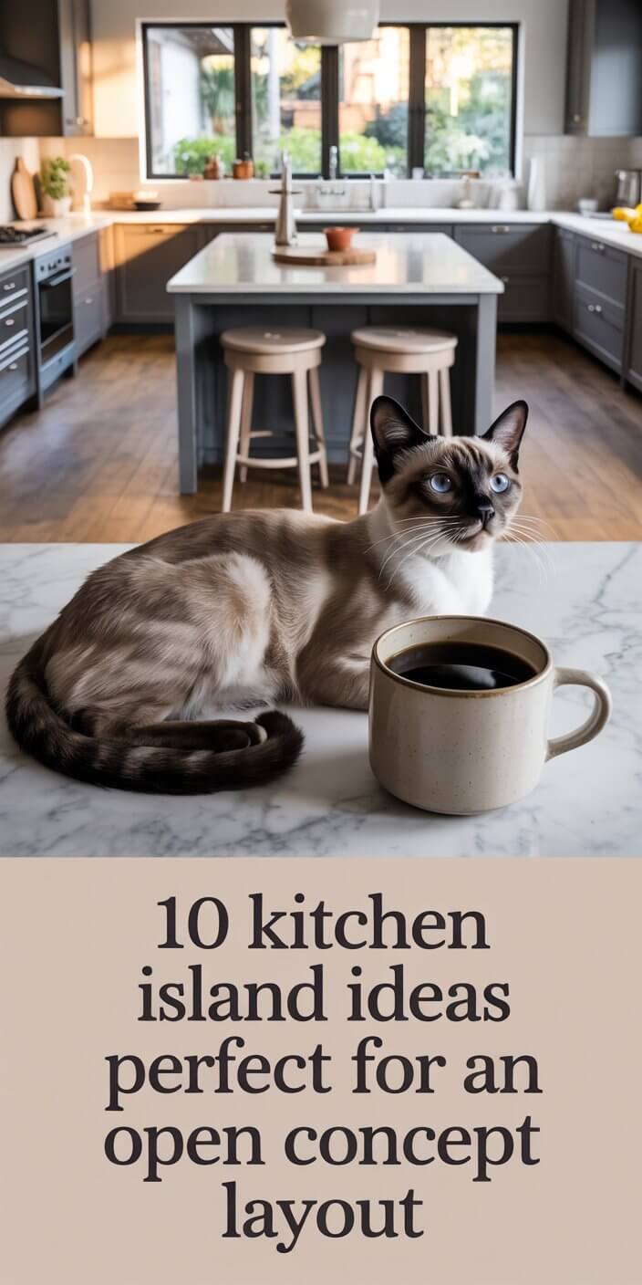 A cat sits on a marble kitchen island next to a coffee cup in a modern, sunlit kitchen. Text suggests island ideas.