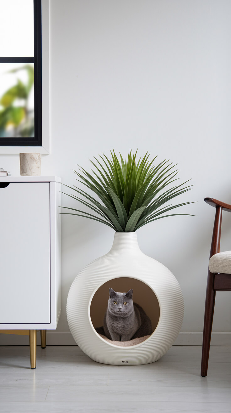 A gray cat sits inside a round, white planter with greenery on top, next to a cabinet and a chair in a modern room.