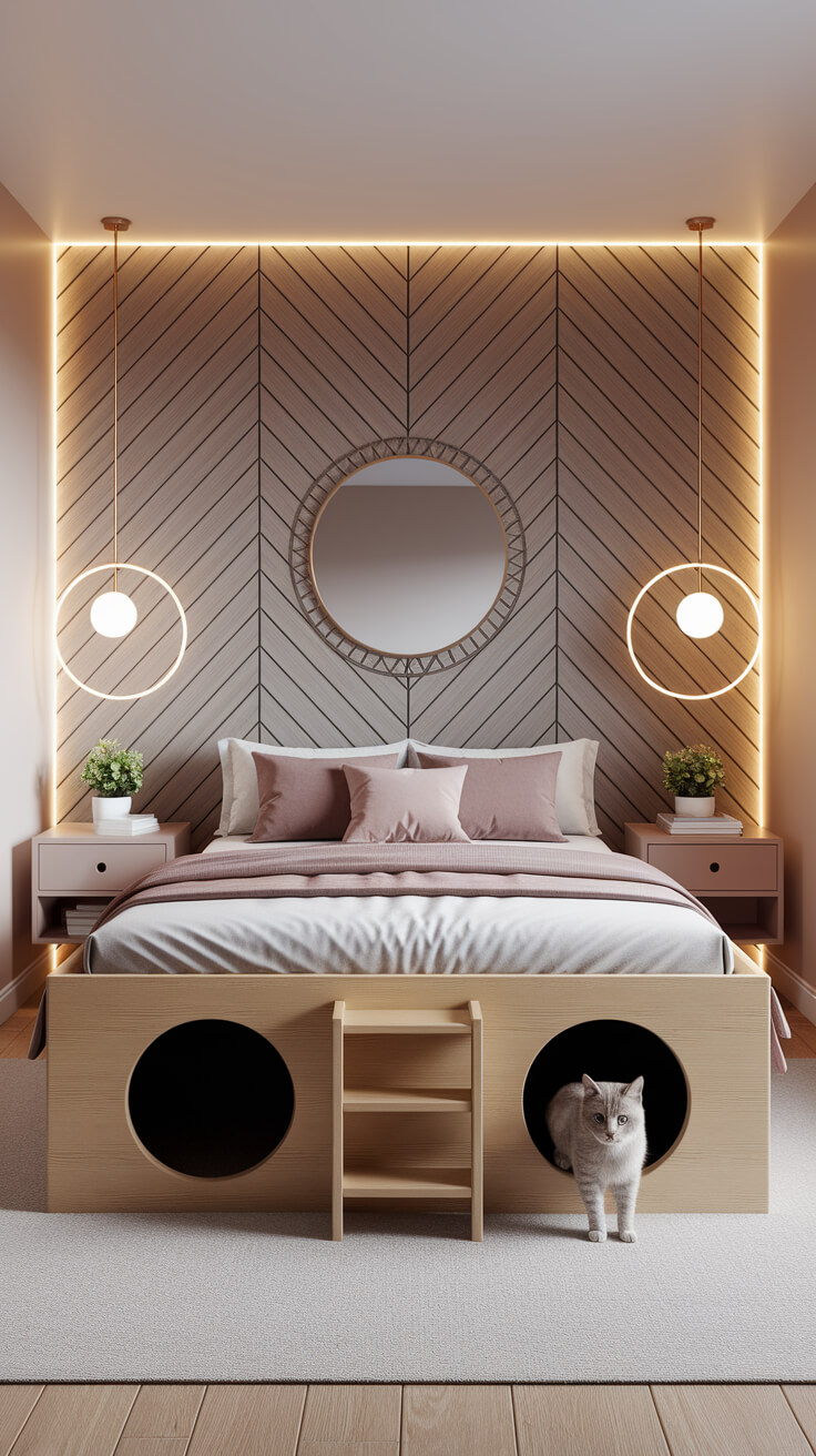 Modern bedroom with chevron wood paneling, round mirror, pendant lights, and a cat under the bed's built-in play area with ladder.