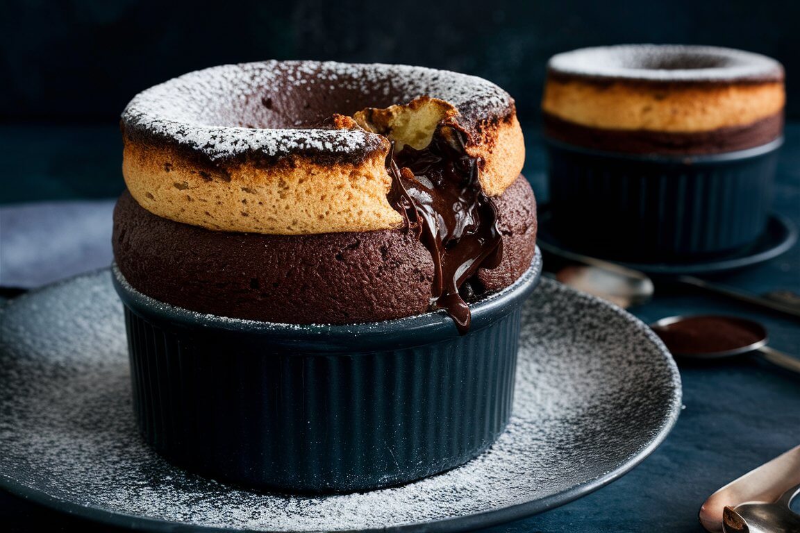 A chocolate soufflé with molten center in a black ramekin, dusted with powdered sugar, on a dark plate and background.
