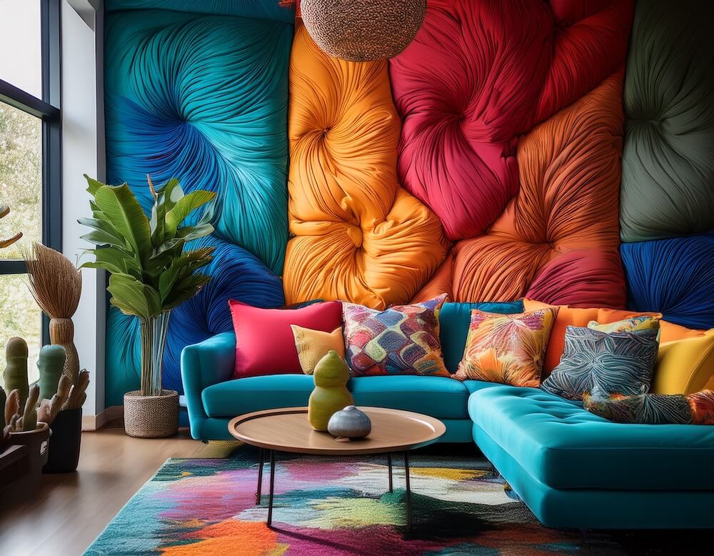 A vibrant living room features a multi-colored tufted wall, turquoise sofa, bold cushions, potted plants, and a patterned rug.