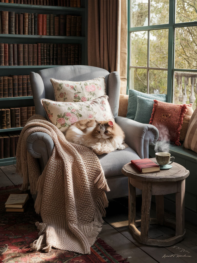 Cozy reading nook with a cat on an armchair, surrounded by books, pillows, blanket, and a steaming cup, near a large window.