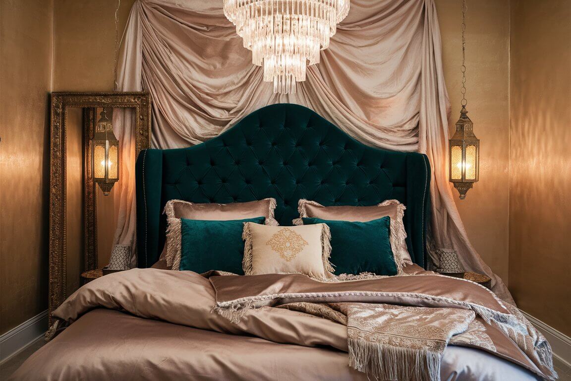 Luxurious bedroom with a plush, dark green headboard, elegant chandelier, draped curtains, and warm lighting from ornate wall-mounted lanterns.