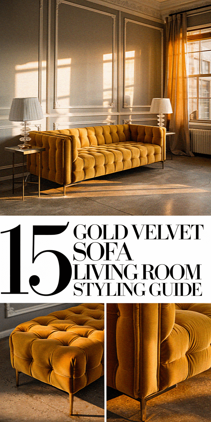 Elegant interior with a tufted gold velvet sofa, ornate walls, and large windows. "15 Gold Velvet Sofa Living Room Styling Guide" text overlay.