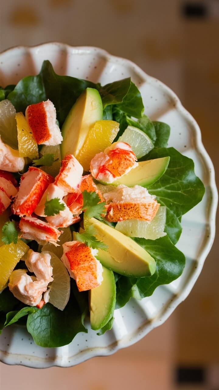 A fresh salad featuring lobster, avocado, citrus slices, and greens on a white plate. Garnished with cilantro, providing a vibrant, healthy dish.