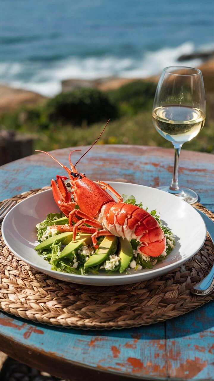 A plate with lobster and avocado salad on a wooden table, overlooking the ocean. A glass of white wine accompanies the meal.
