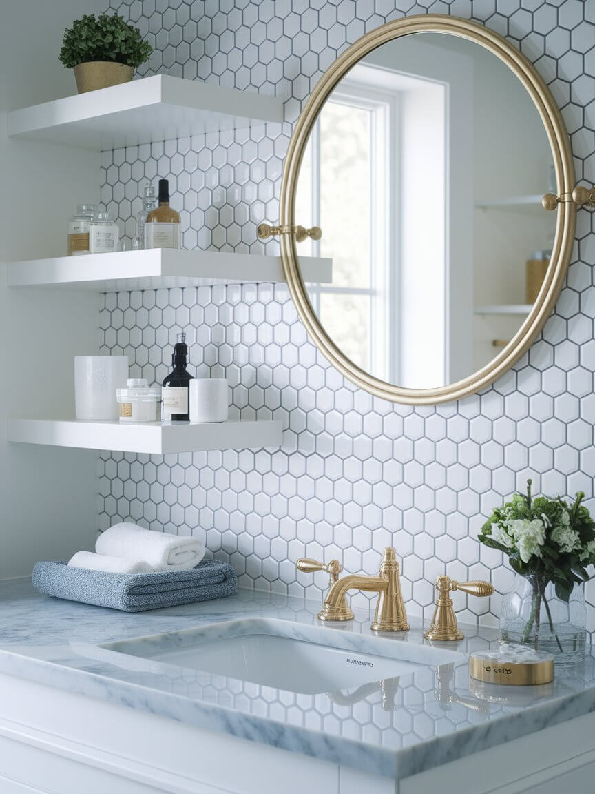 Elegant bathroom with a hexagonal tile backsplash, a round gold-framed mirror, marble countertop, gold faucet, floating shelves, and neatly arranged toiletries.